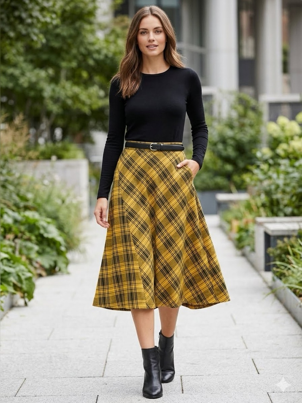 Zara Asymmetrical Plaid Midi Skirt Yellow & Black Side Slit Grunge Y2K M
